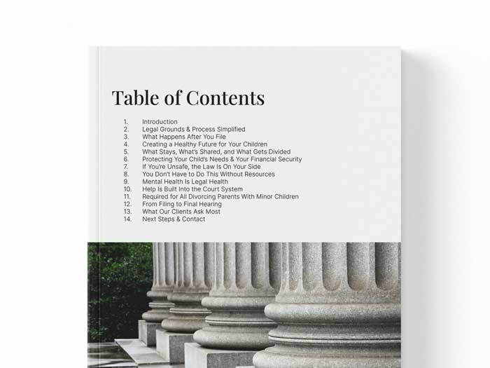 Close-up of a Table of Contents from the Howard County divorce guide, listing 14 legal topics, with an image of courthouse columns at the bottom.