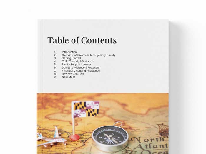 Table of Contents page from the Montgomery County divorce guide, listing 9 topics, with a background image of a compass and Maryland flag pins on a map.