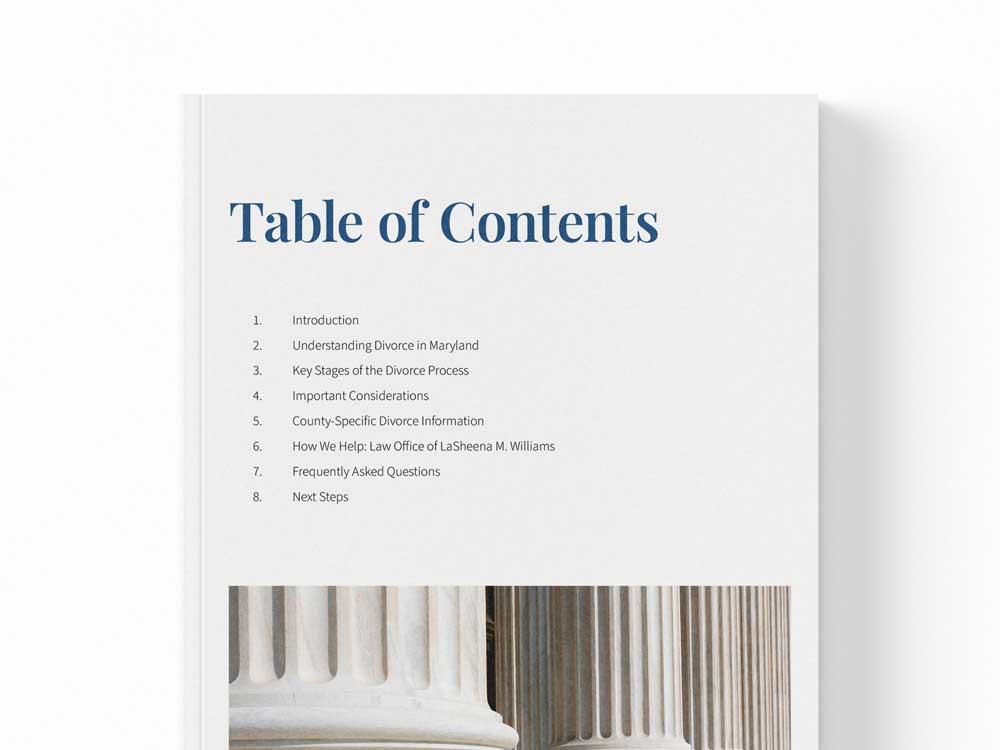 Close-up of the “Table of Contents” page from the Divorce in Maryland guide, listing eight key sections including process steps, FAQs, and county-specific legal information.
