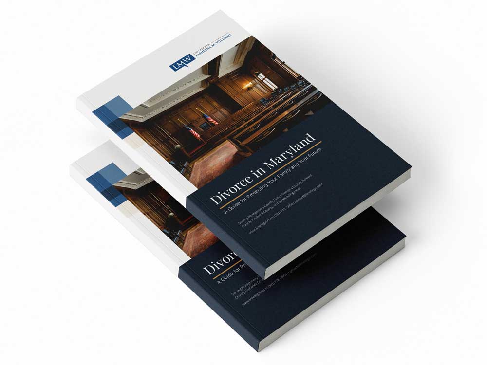 Stacked mockup of the “Divorce in Maryland” legal guide by the Law Office of LaSheena M. Williams, featuring a courtroom photo and navy-and-white professional cover design.
