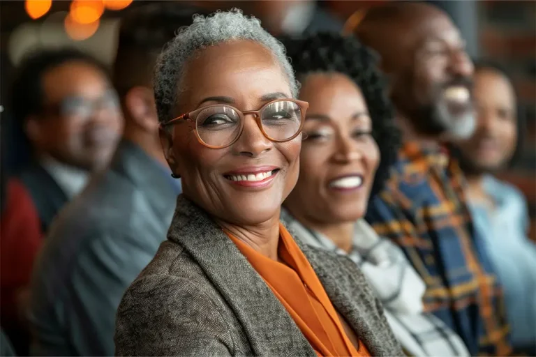 A confident and happy grandmother sitting among a group of people, symbolizing the strength and importance of grandparents stepping in to provide care when parents are not involved.