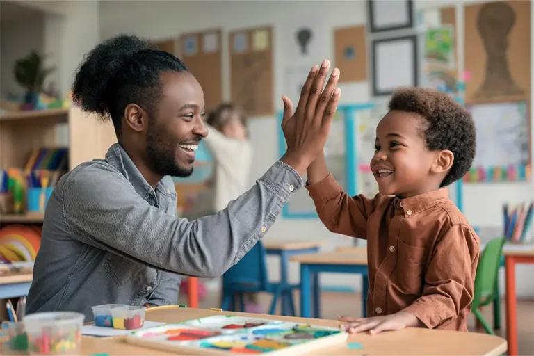 A father and young son smiling and high-fiving in a classroom, symbolizing the joy of reunification and the rebuilding of parent-child relationships after custody disputes.
