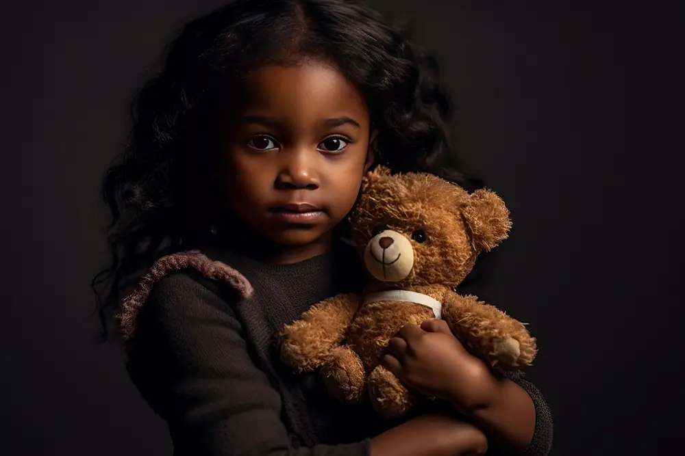 A young girl clutching a teddy bear tightly, representing the vulnerability of children in custody disputes and the importance of addressing child endangerment within legal boundaries.