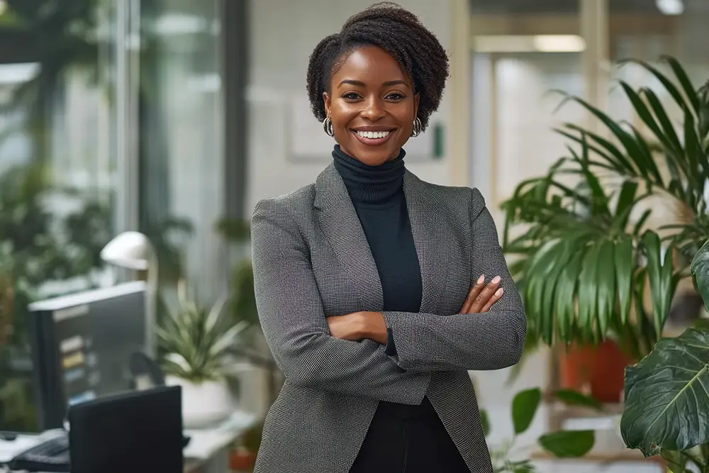 A confident and professional female attorney standing in an office, symbolizing the importance of choosing the right legal representation during divorce litigation.