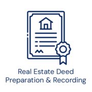 Icon of a deed document with a house and ribbon seal representing deed preparation and recording.